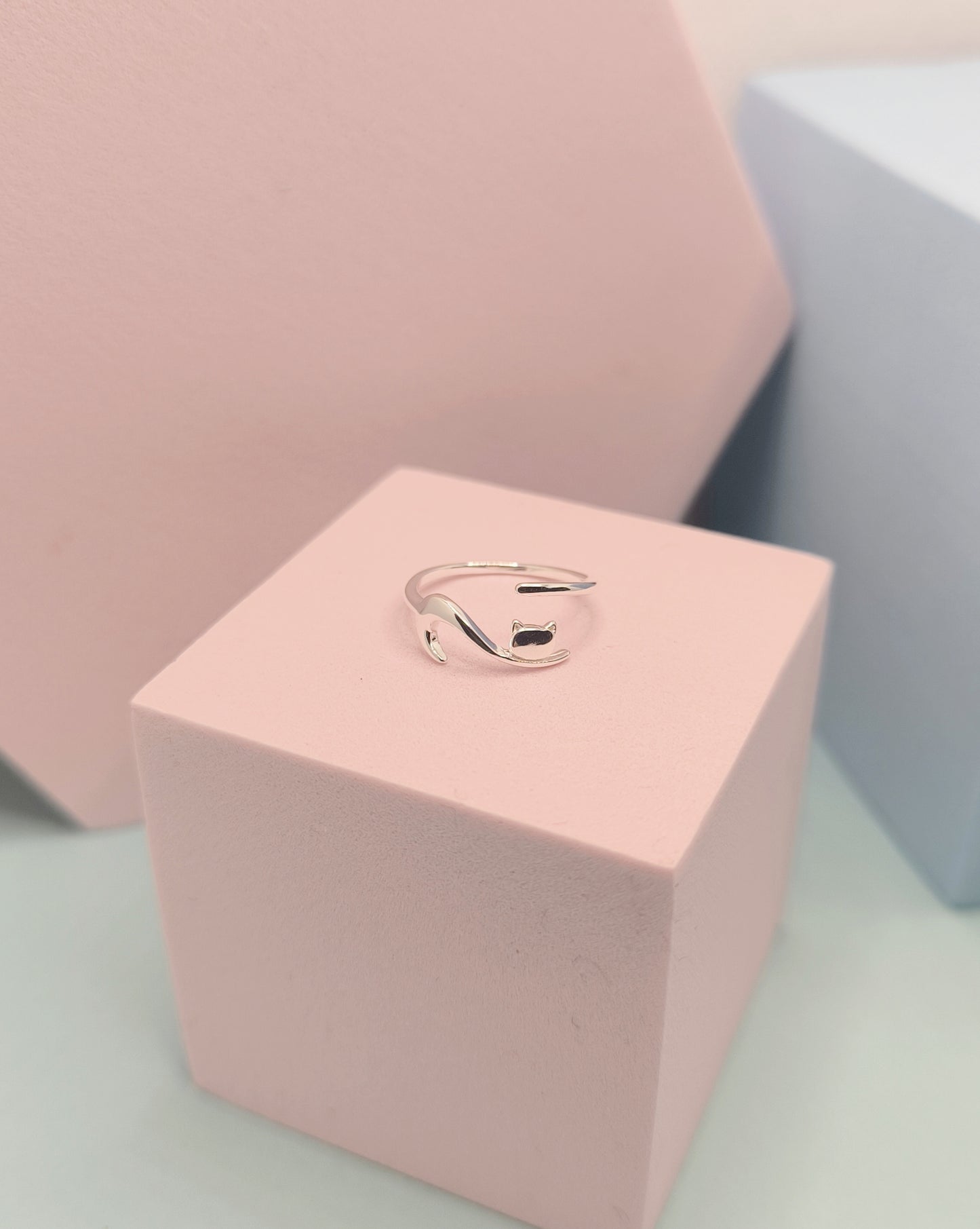 Silver ring on a pink cube with a light gray background