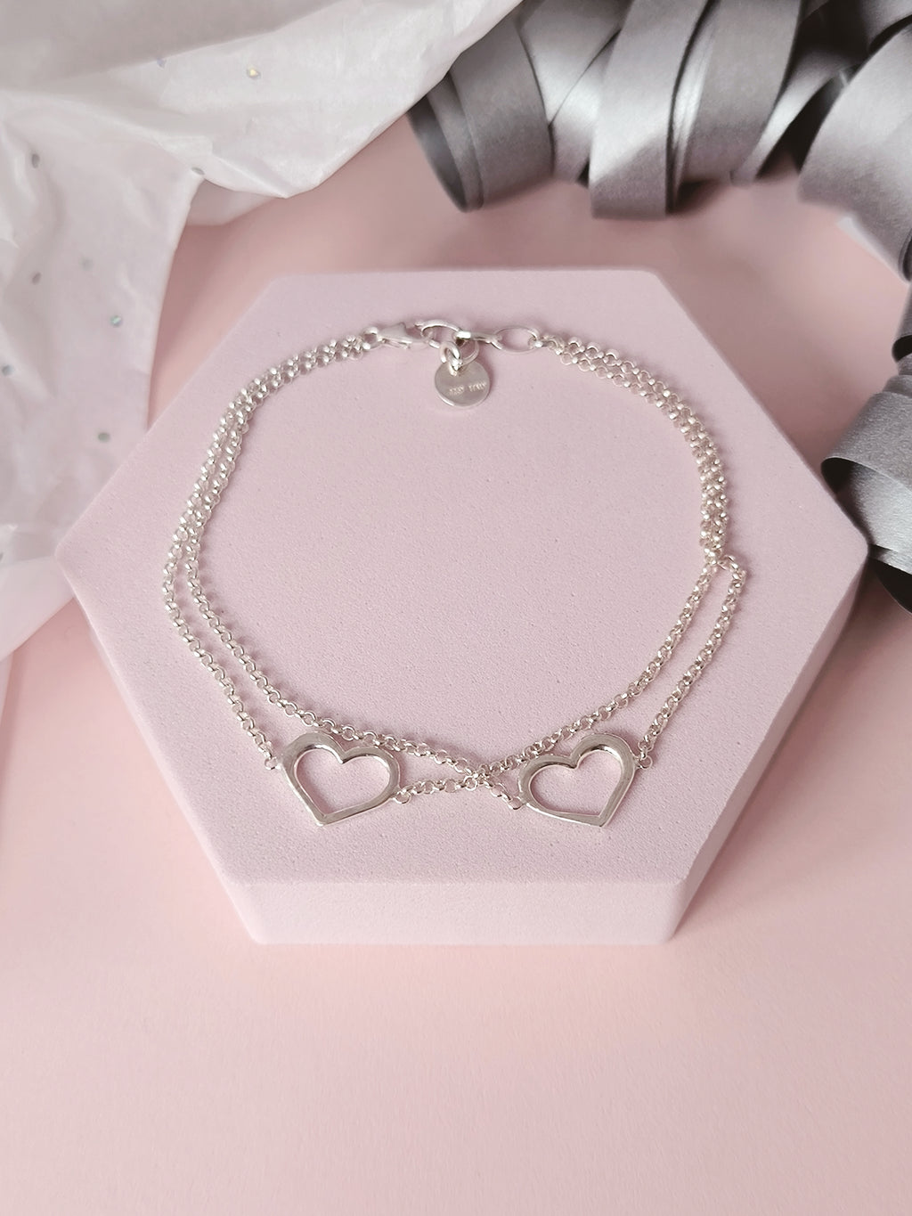 Double Heart Bracelet – 925 Sterling Silver Minimal Chain. L009