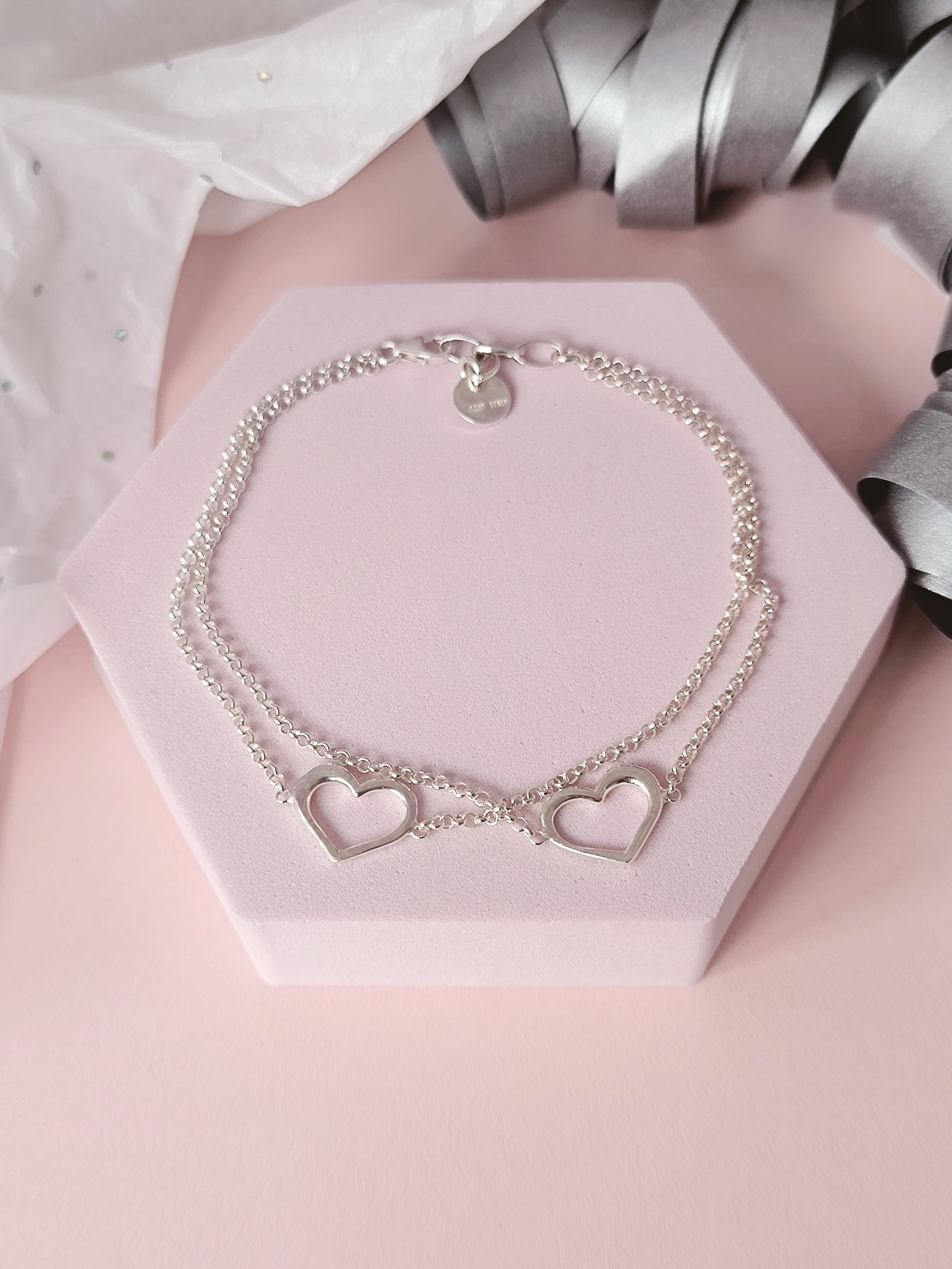 Double Heart Bracelet – 925 Sterling Silver Minimal Chain. L009
